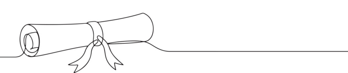 A continuous one-line drawing of a rolled diploma with a ribbon, symbolizing graduation, achievement, and education