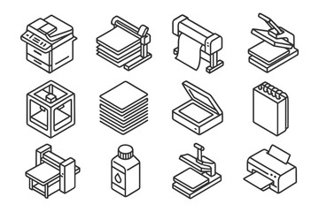 Outline icons of office and printing devices including printers and scanners.