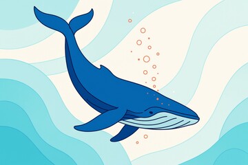 Blue whale swimming underwater with bubbles and abstract wavy ocean background in light tones, representing marine life and oceanic concept. Ai generative