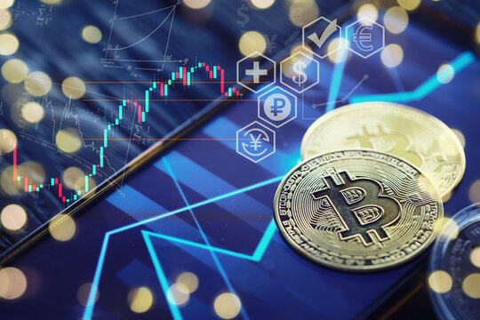 Bull market trend. Cryptocurrency. Bitcoin Stock Growth. Chart shows a strong increase in the price of bitcoin. Investing in virtual assets. Investment platform with charts and bitcoin coin. - Powered by Adobe