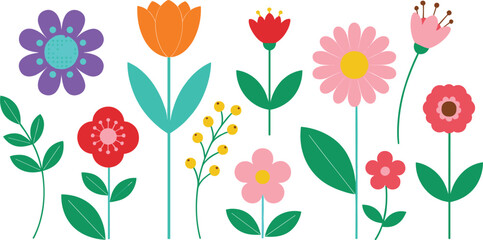 Set of Colorful Simple Flowers Vector Illustrations, Featuring Tulips, Daisies, and Various Blooms with Leaves in a Cute Flat and Minimalist Design Style.