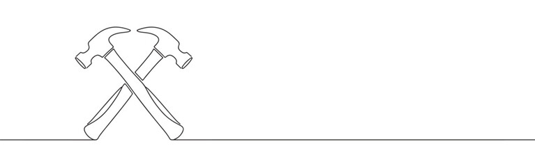 A continuous one-line drawing of two crossed hammers, symbolizing construction, teamwork, and hard work