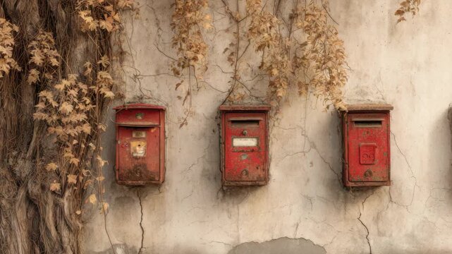 Row of Three Weathered Red Mailboxes on Old Beige Wall with Dried Vines Creating a Rustic and Nostalgic Scene in Natural Light with Focus on Texture and Detail