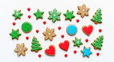 A festive arrangement of colorful christmas gingerbread cookies in various festive shapes like stars trees and hearts on a white background