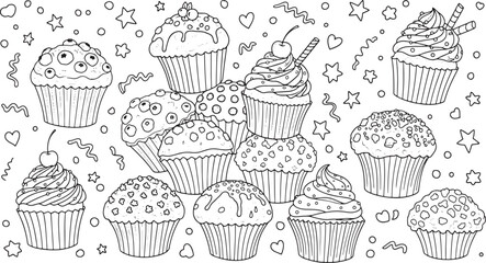 Delicious Cupcakes Assortment in Black and White Outline Style Doodles