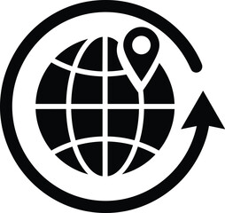 Global navigation icon with location pin and circular arrow, representing worldwide GPS tracking, international logistics, and global connectivity.