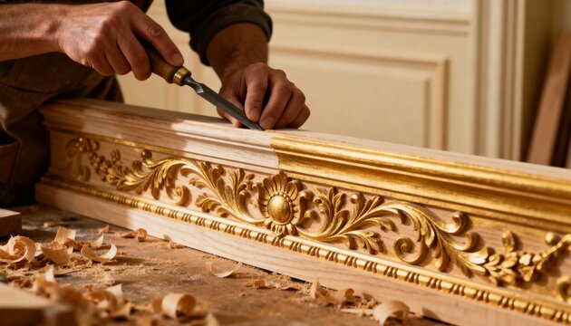 Craftsman carefully carves intricate molding designs showcasing the artistry and precision involved in custom millwork detailing for elegant interiors.