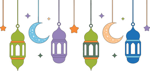 Minimalist Islamic Lantern Vector Illustration Set with Hanging Crescent Moons and Stars for Simple Ramadan, Eid, and Holy Night Decoration Banners.