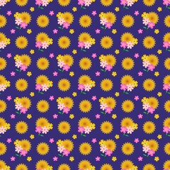 Seamless Floral Pattern with Yellow Sunflowers, Pink Blossoms, and Scattered Daisies on a Deep Violet Background; Spring Summer Nature Wallpaper Textile Print Design.