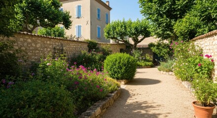 Sunlit garden path flanked by stone walls, flowers, and greenery, leading to a house