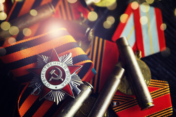 The Soviet order of the Second World war, Victory Day 9 May postcard concept, toned vintage