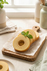 Sliced traditional German Baumkuchen cake with a mint leaf garnish, served on a small wooden cutting board in a bright, minimalist setting for bakery promotion