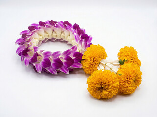 Traditional Thai Phuang Malai flower garland crafted from purple orchid and orange marigold isolated on white background, used for ceremony, welcome, or offering