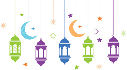 Colorful Modern Islamic Lantern Vector Silhouette Set Featuring Hanging Crescent Moons and Stars for Vibrant Ramadan, Eid Al-Fitr, and Festive Decoration.