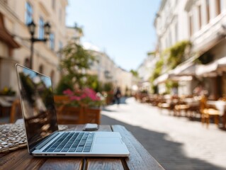 Laptop and notebook resting on outdoor cafe table with blurred charming European style street background evoking productive travel for remote work and international business lifestyle digital nomad.
