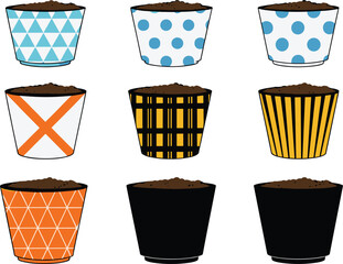 Set of Empty Flower Pots Vector Illustrations, Featuring Various Colorful Geometric Patterns and Soil, Ideal for Gardening, Planting, and Home Decoration Design Elements.