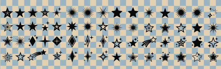 Seamless pattern featuring various star shapes and diamond icons on a checkered background design