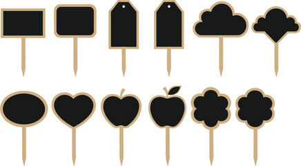 Set of Plant Marker Chalkboard Signs Vector Illustrations, Featuring Various Shapes like Apple, Heart, and Cloud for Gardening Labels, Tags, and Price Tags.
