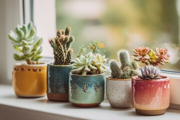 Small thriving indoor garden of succulents and cacti in stylish ceramic pots arranged on windowsill catching warm morning sunlight for home wellness and connecting with nature lifestyle decoration.