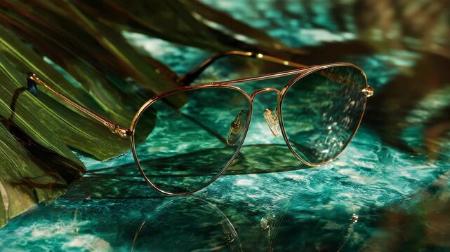 Aviator Sunglasses with Gold Frames and Green Lenses on Turquoise Surface with Tropical Green Leaf Overhead Creating Shadow Patterns Summer Aesthetic