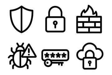 Digital security icons set featuring data protection, network safety, authentication, and cloud defense symbols