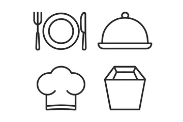 Minimalist outline set of cutlery, plate, serving cloche, chef cap, and takeout container