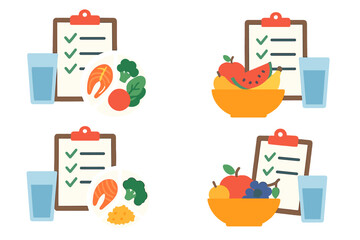 Set of icons illustrating balanced nutrition, meal planning, food portions, and diet checklist