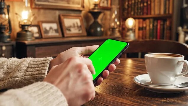 Close-up of hands holding a smartphone with a green screen in a cozy cafe setting with coffee.
