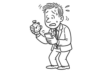 Stressed worker holding stopwatch and mobile phone dealing with time pressure