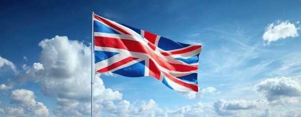 The Union Jack Flag Waving Proudly Against a Bright Cloudy Blue Sky