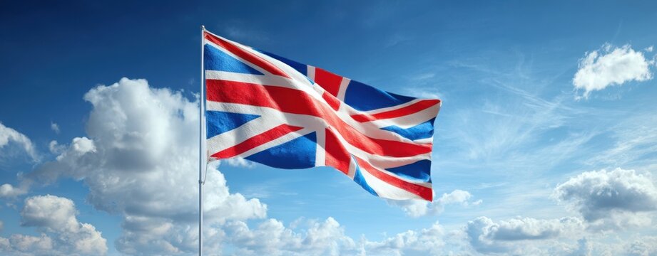 The Union Jack Flag Waving Proudly Against a Bright Cloudy Blue Sky - Powered by Adobe