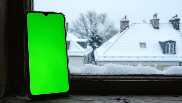 Smartphone with green screen on a snowy windowsill overlooking winter rooftops.