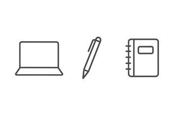 Minimalist line icons of laptop, writing pen, and spiral notebook for education and work