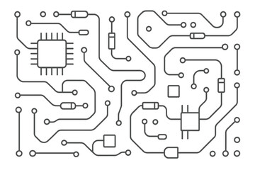 Abstract electronic circuit board pattern featuring microchips, traces, and connection points