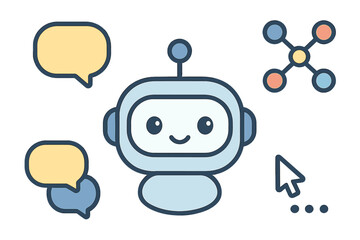 Friendly robot assistant head surrounded by communication and data symbols