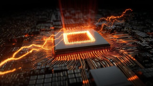 Technological Core: The image reveals a futuristic close-up of a central processing unit (CPU), showcasing the intricate network of connections and digital pathways that power the digital world.