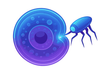 Futuristic nanobot analyzing or injecting a large glowing biological cell structure