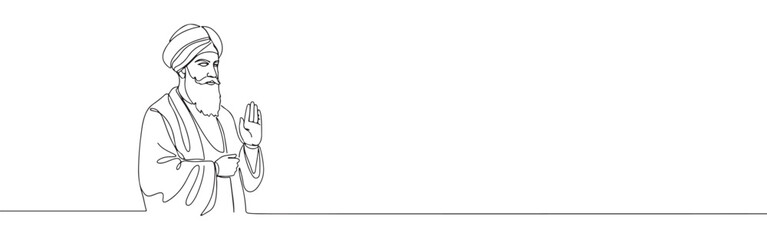 Continuous one thin smooth line simple minimalistic drawing of Guru Nanak Dev Ji on a white background