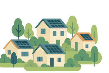 Naklejka premium Residential community of eco-friendly homes equipped with renewable solar energy panels and lush trees