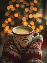 Obraz premium christmas eggnog in santa mug held by gloved hands