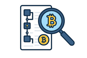 Cryptocurrency transaction analysis with magnifying glass examining data flowchart
