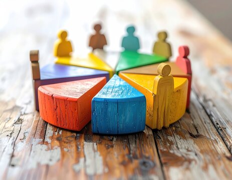 Wooden pie chart with figures on weathered wood