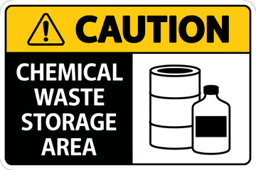 Caution chemical waste storage area sign with barrel and bottle illustration