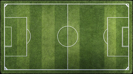 A meticulously maintained football field from a high-angle perspective. The verdant grass and precise markings of the pitch create a visually appealing scene