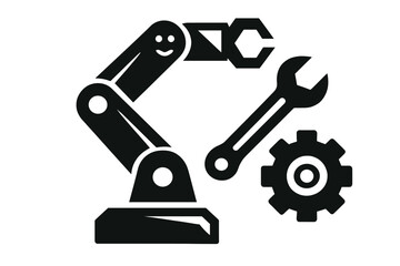 Industrial robotic arm with gripper holding a wrench and a mechanical gear wheel