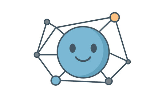 Smiling blue avatar connected by lines and nodes in a geometric network structure