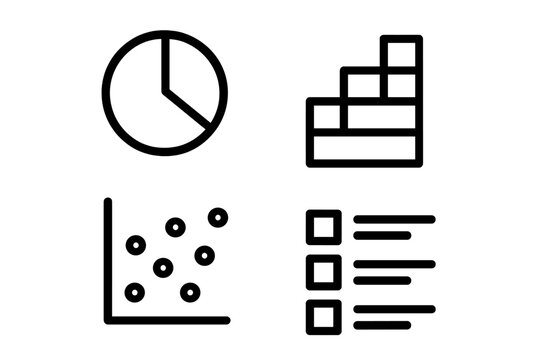 Essential data analysis and business statistics icons set featuring charts and checklist