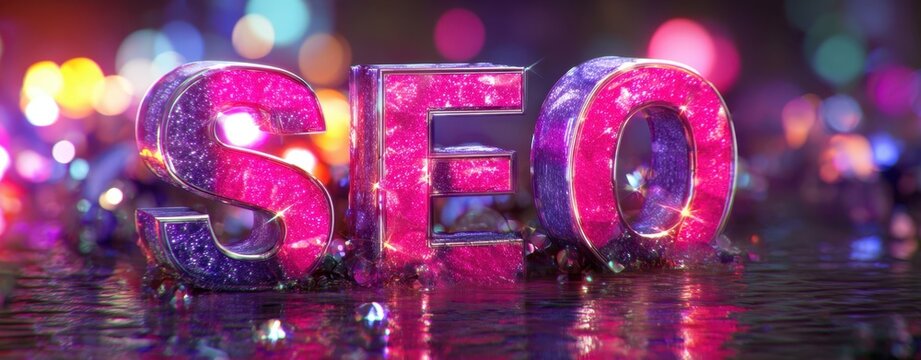 The SEO letters glittering in neon bokeh lights on a reflective wet surface - Powered by Adobe