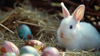 A fluffy white rabbit sits surrounded by vibrant Easter eggs, creating a whimsical and festive scene. - Powered by Adobe