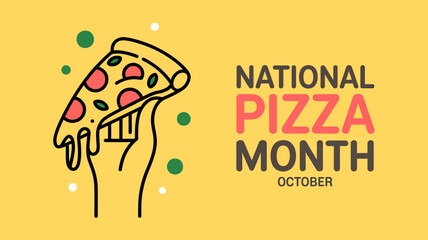 National pizza month illustration with hand holding slice on yellow background